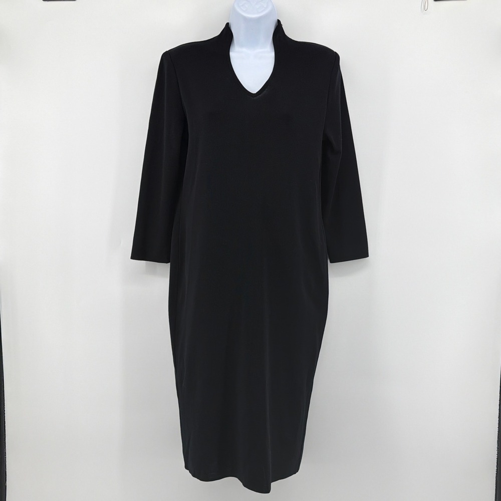 Exclusively Misook Black Knit Midi Dress Size Small Split V-Neck Career Sheath
